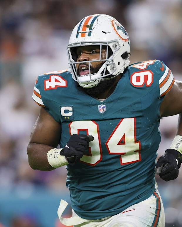 Dec 24, 2023; Miami Gardens, Florida, USA; Miami Dolphins defensive tackle Christian Wilkins (94) looks on against the Dallas Cowboys during the second quarter at Hard Rock Stadium.